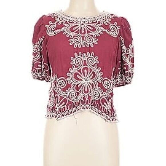 Anthropologie Solitaire Red Embroidered Puff Sleeve Cropped Blouse - Picture 1 of 4